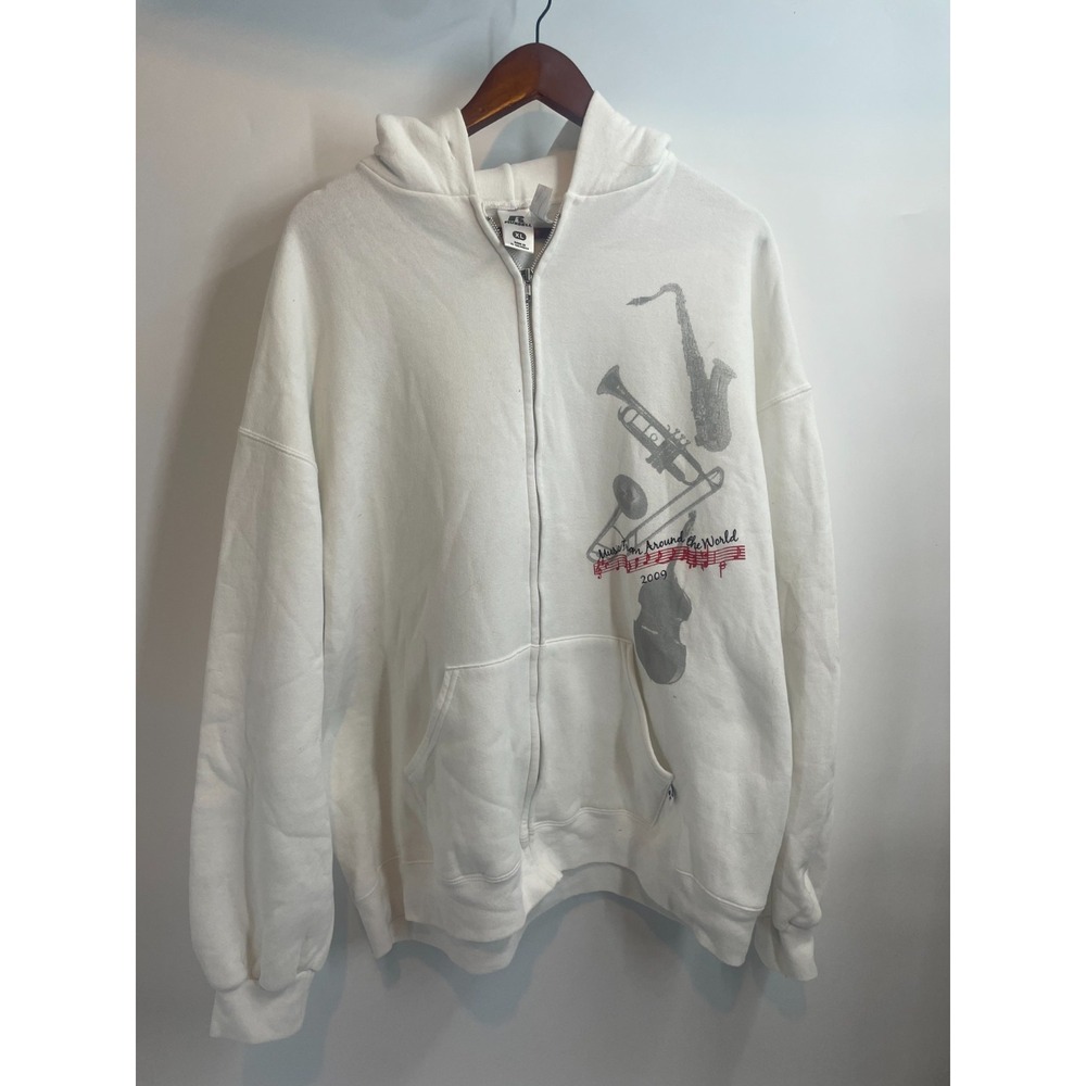 Vintage Y2K Russell Music Apparel Print Classic Full Zip Hoodie White Size XL